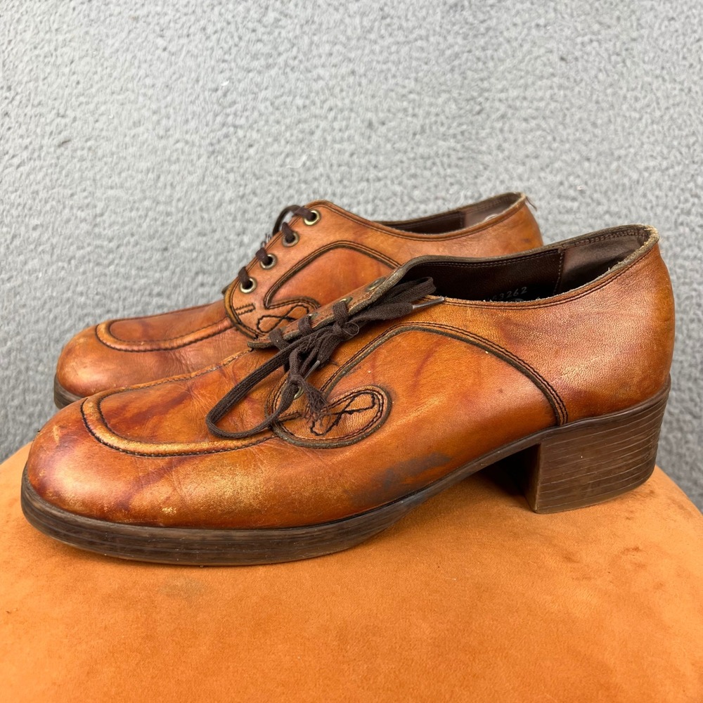 vintage 70s platform shoes high heel  brown leather oxford 1970 disco pimp 9.5